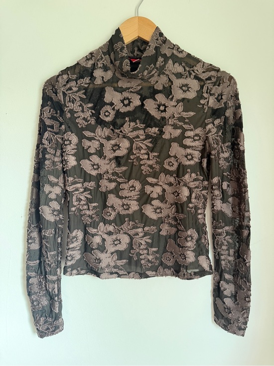 Eckhaus Latta Tops - Eckhaus Latta Floral Burnout Mock Neck Long Sleeve Top - Black and Taupe